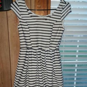 Black and white striped dress with soft tan layer